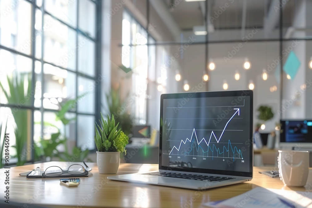 Fototapete bright office features a laptop with a rising growth graph, surrounded by greenery and natural light