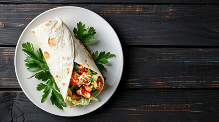 Overhead shot of a chicken wrap with veggies and sauce on a white plate, placed on a dark wooden table