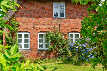 Backsteinfassade mit Fenstern eines Friesenhauses mit Vorgarten