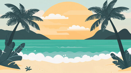 Obraz premium A serene beach scene featuring two palm trees, gentle waves, and a starfish on the sand.