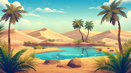 Obraz premium The Sandy desert with small lake under palm trees, game background, illustration