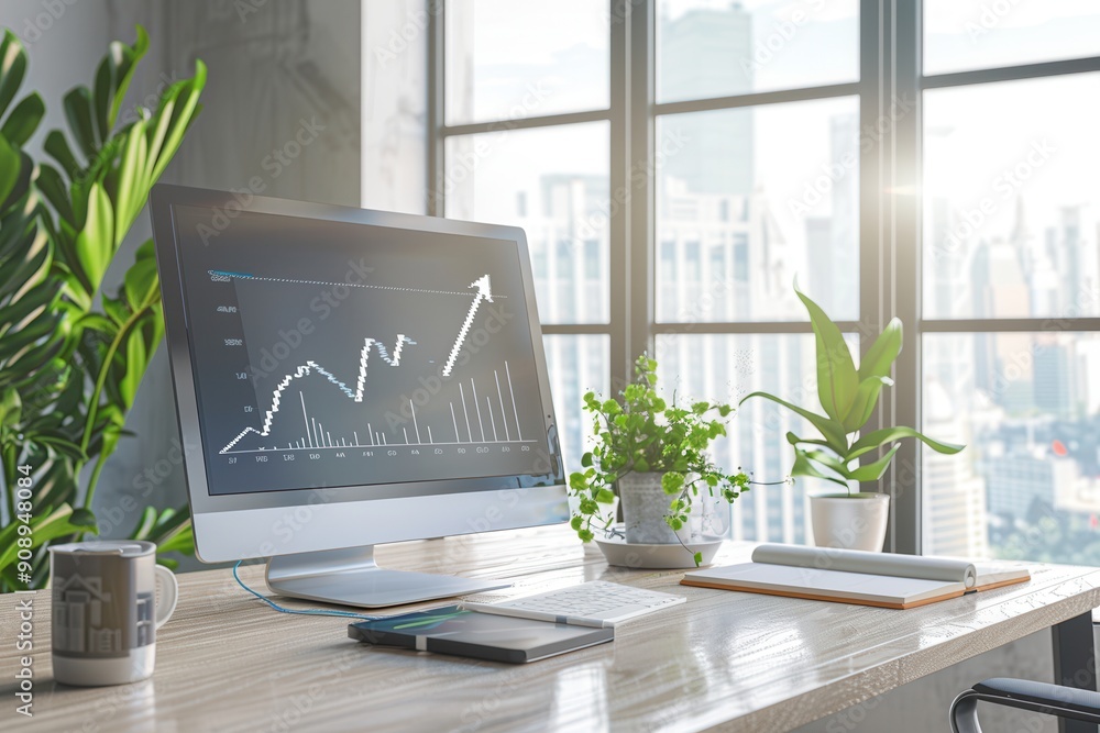 Fototapete A sleek workspace featuring a computer displaying growth charts and greenery, illuminated by sunlight streaming through large windows. Generative AI