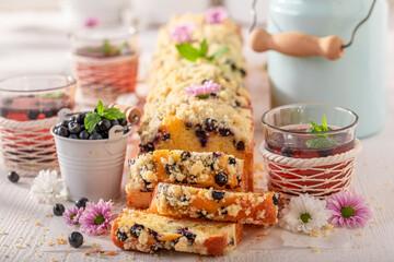 Homemade and sweet blueberries yeast cake made of fruits.