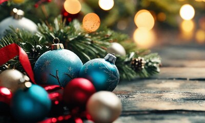 Christmas fir tree branches with toys on paper background with copy space