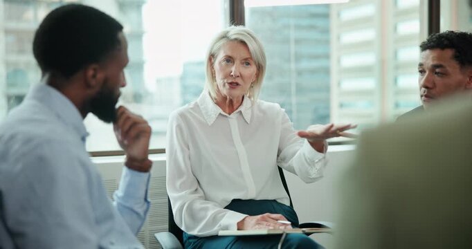 Mature woman, mediation and psychologist in group therapy, rehabilitation or anger management. Accountability, therapist and people meeting with speaker for mental health, grief counseling and talk