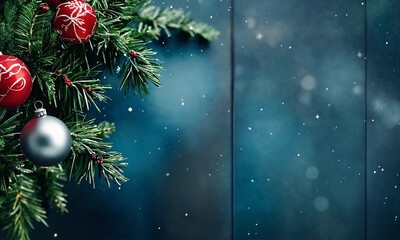 Christmas fir tree branches with toys on paper background with copy space