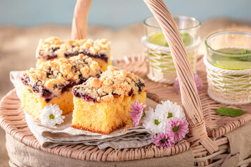 Tasty and fresh blueberries yeast cake served on beach.