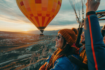 Group of friends enjoying a hot air balloon ride over a beautiful sunset landscape
