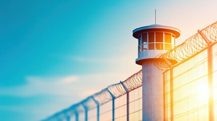 Guard tower and barbed wire fence with a sunset background symbolizing security, confinement, and surveillance in a prison or detention facility.