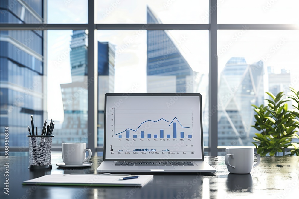 Poster sunlight floods a contemporary office featuring a laptop with business charts, inviting an atmospher