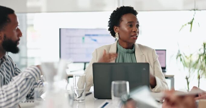 Ideas, meeting and business people in office with laptop, project manager or development planning. Advice, proposal and team in conference room with discussion, data analysis or online sales strategy