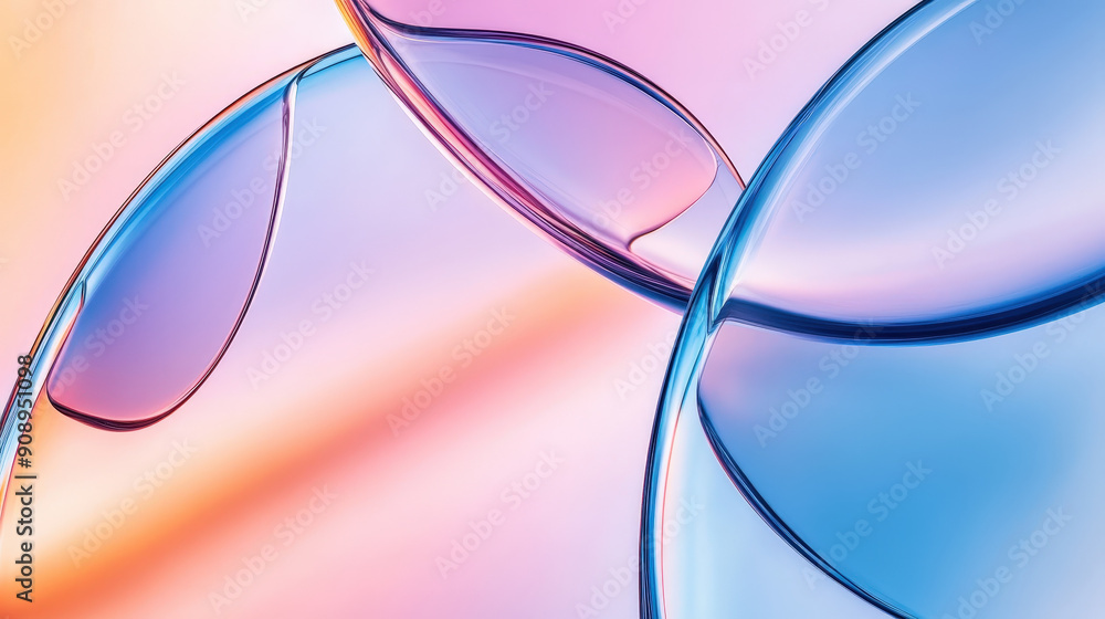 Poster abstract background with transparent glass shapes creating a flowing design on a soft pastel gradien