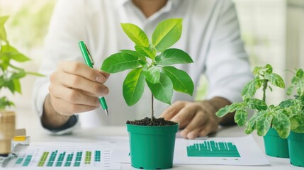 Person examining plant with pen in hand, reviewing growth data charts in an office setting, focus on sustainable agriculture and business analysis.