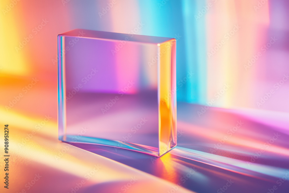 Aufkleber glass cube is sitting on a smooth surface with multicolored light beams reflecting off of it