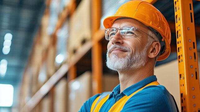 Senior warehouse worker in a hard hat looks confident and content while performing his duties in a modern storage facility.