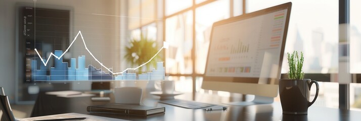 A sleek office features large windows that flood the workspace with natural light, showcasing interactive data visualizations on the computer screen. Generative AI