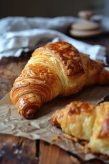Freshly Baked Croissant on Rustic Wooden Table with a Crisp Flaky Texture