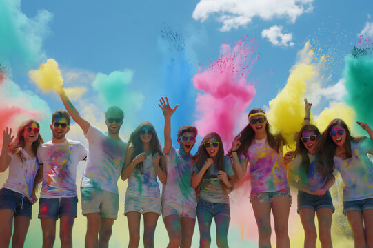 Group of young adults is having fun throwing colorful powder at each other during holi festival celebration - Powered by Adobe