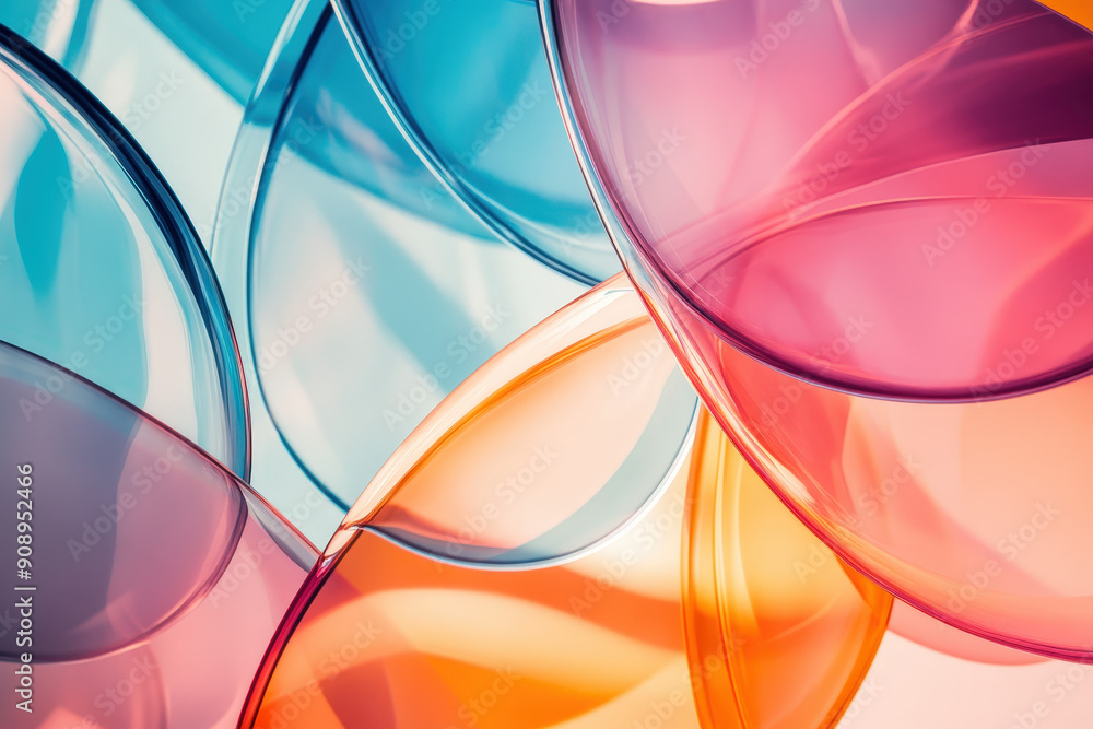 Poster abstract background featuring overlapping translucent shapes in vibrant hues, forming a dynamic and 
