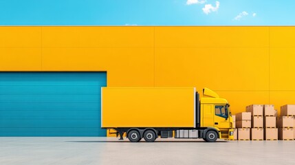 Yellow delivery truck parked by warehouse with stacked boxes under blue sky. Logistics and shipping industry concept.