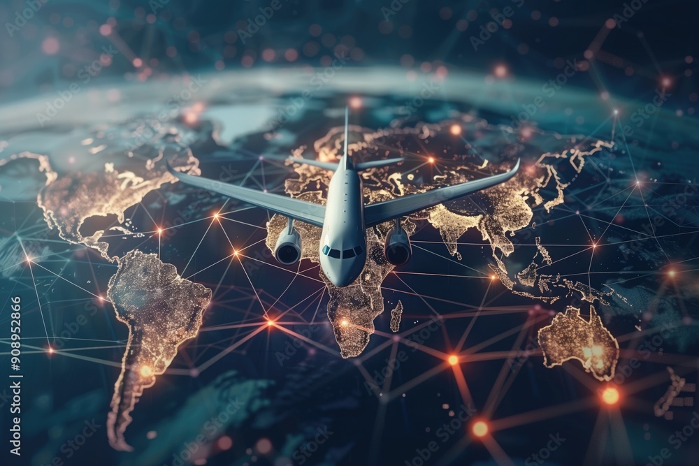 Poster airplane flying over illuminated world map with network connections in the background. concepts of g