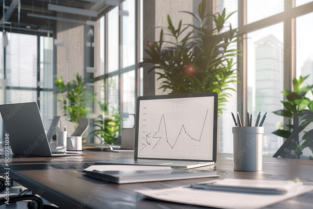 Leinwandbilder a sleek office features large windows providing natural light, with a laptop displaying analytics am
