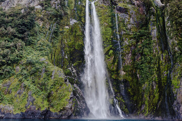 Waterfall located in Milford Sound, New Zealand South Island