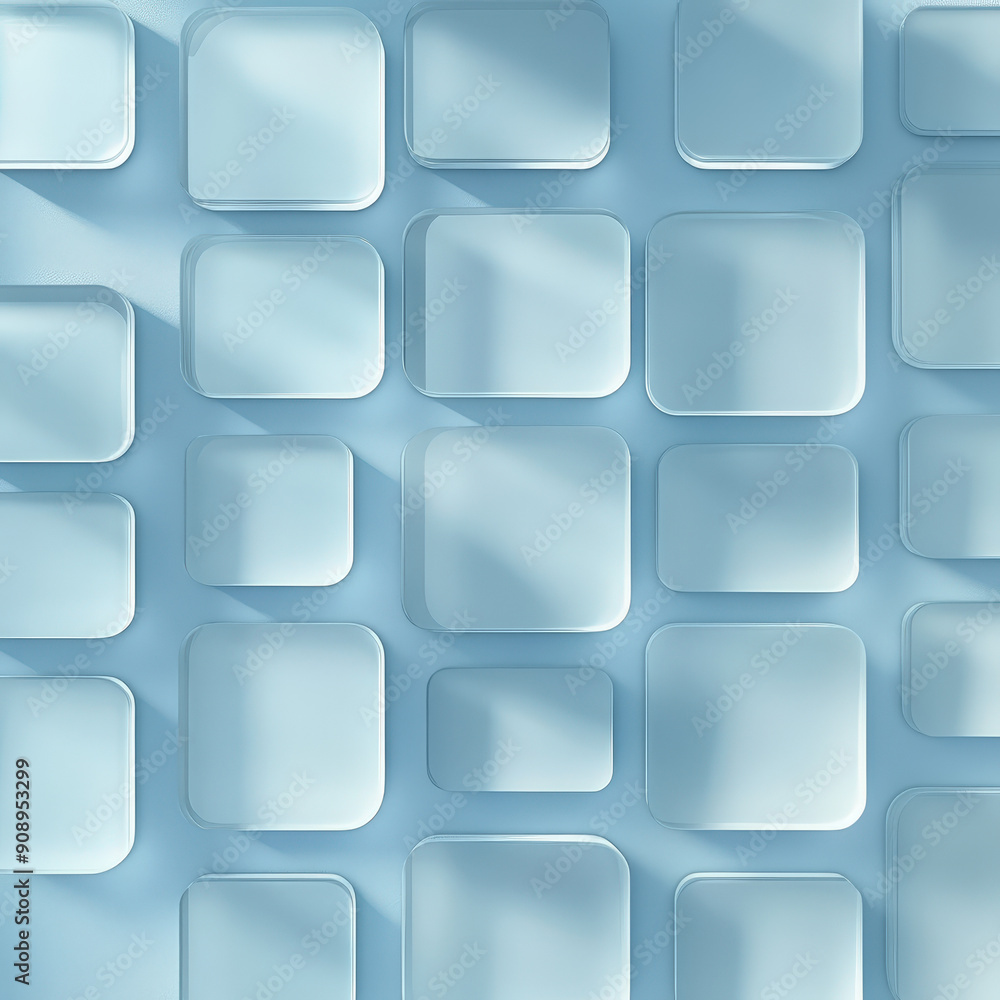 Poster abstract background showing a pattern of rounded square glass shapes casting shadows on a blue backg