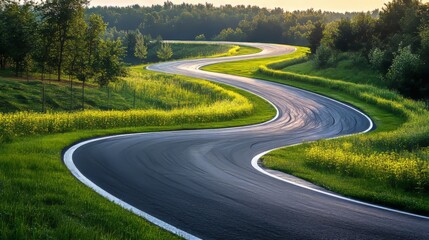 The side of the road is grass. An exciting race Grassy trackside, exciting racetrack with many sharp turns and corners that can be shot from many angles, and intense for racing enthusiasts. Complexity