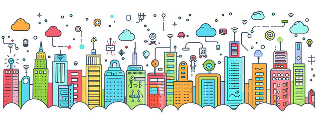 A simple drawing of smart city buildings in the style of digitalism cartoon style