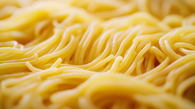 Close-up of freshly cooked spaghetti, tangled golden strands, al dente texture, intricate pasta patterns, vibrant yellow color, detailed noodle surface, Italian cuisine, food photography.