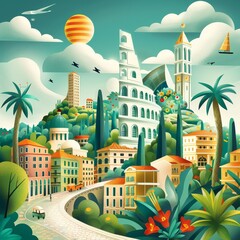 Dreamy Cityscape with Lush Greenery and Architectural Wonders