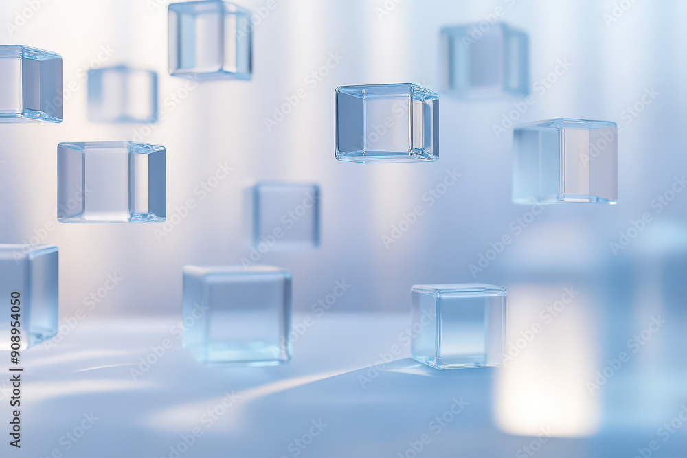Poster abstract composition made of transparent cubes floating in the air with a blue background