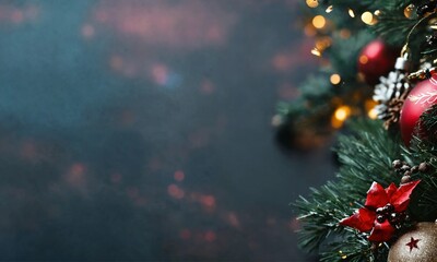 Christmas card with fir branch and decorations with copy space