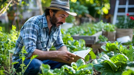 Urban Gardener Reading Sustainability Report in Lush City Garden