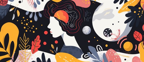 Fototapeta premium Floral and leaf patterns blending with planetary orbits, meteor and human figure included, flat design illustration
