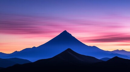 A minimalist composition of a single mountain silhouetted against a colorful dusk sky