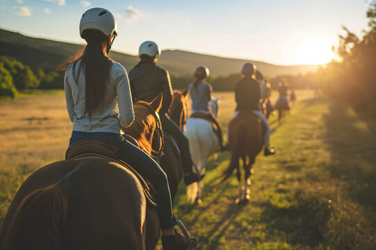 Group of friends is enjoying a horseback ride at sunset, creating unforgettable memories together