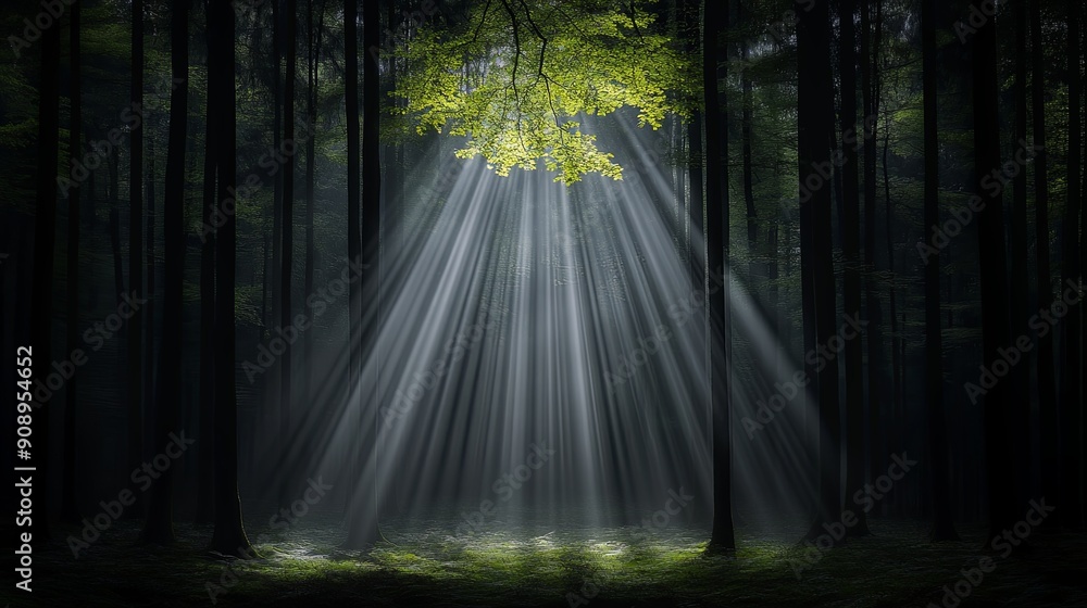 Poster a tranquil forest scene with a sunbeam piercing through the trees, creating a magical atmosphere
