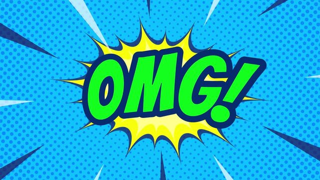 OMG or WOW text animation with retro comic background. Pop art. Seamless looping video