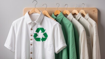 A selection of shirts with a recycling symbol on one, hanging on wooden hangers
