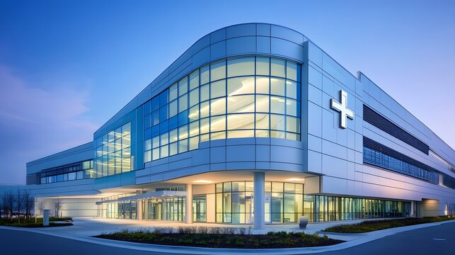 Modern hospital building, glass facade, geometric architecture, tiered structure, illuminated interior, blue sky, dusk lighting, medical cross symbol, reflective surfaces.