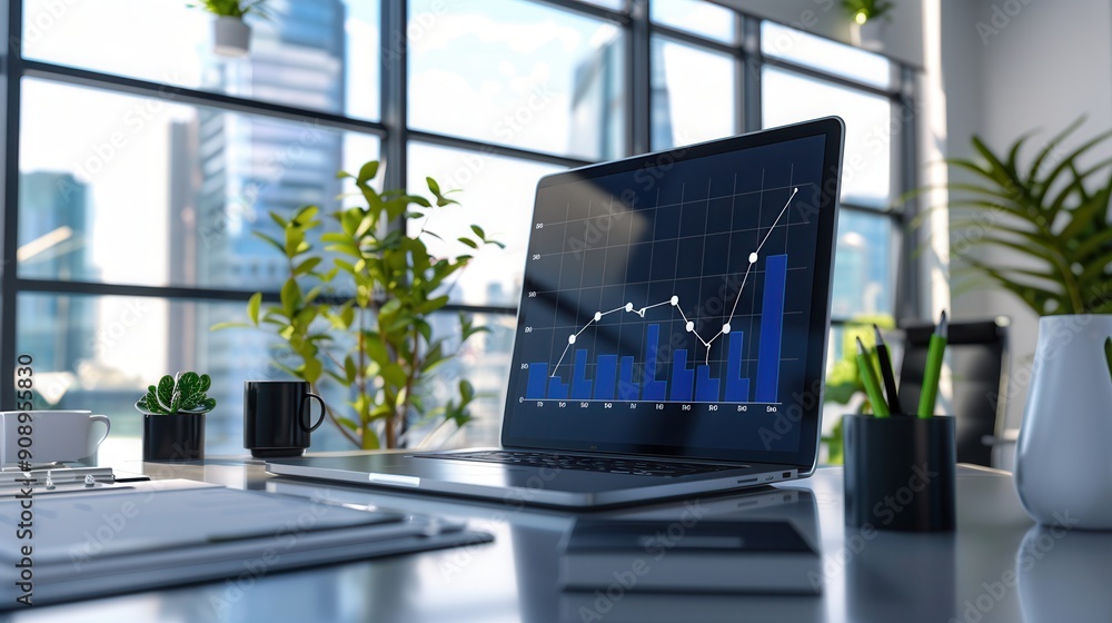 Aufkleber a sleek office features a laptop showing a growth chart, surrounded by plants and natural light stre