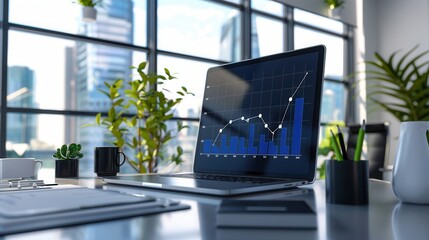 A sleek office features a laptop showing a growth chart, surrounded by plants and natural light streaming through large windows. Generative AI