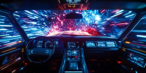 A high-tech car dashboard with a view of a starry, futuristic hyperspace