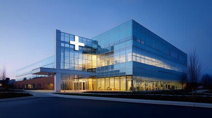 Modern hospital building, glass facade, geometric architecture, tiered structure, illuminated interior, blue sky, dusk lighting, medical cross symbol, reflective surfaces.