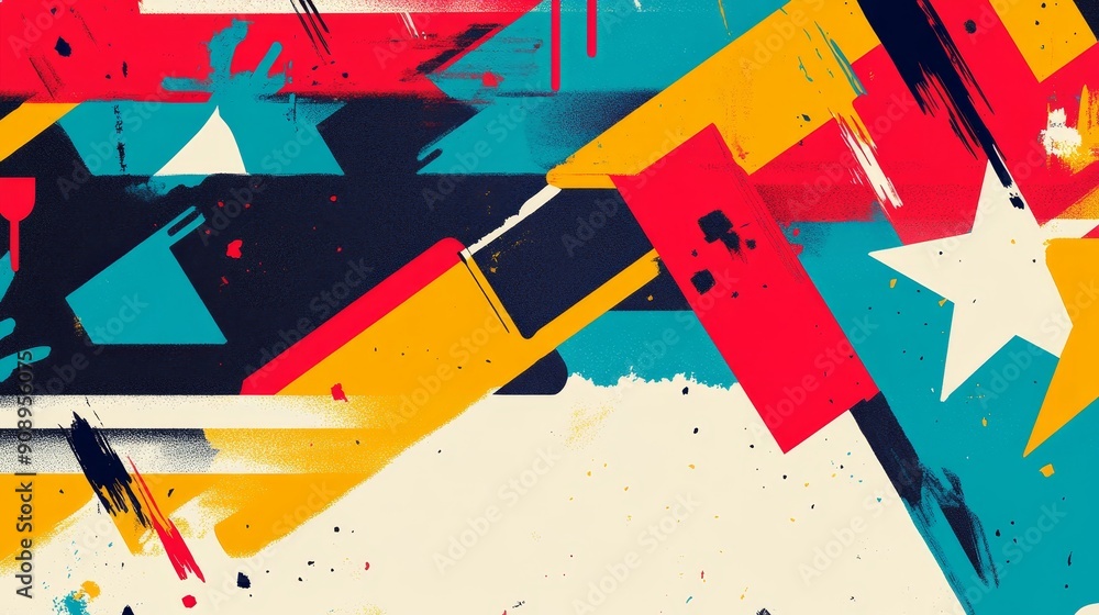 Poster a dynamic and abstract composition with overlapping geometric shapes, bold colors, and a grunge text