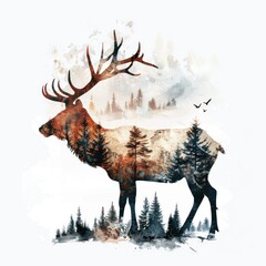 Silhouette of a Majestic Elk With a Forest Inside