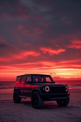 Photo of a luxury SUV parked on the beach against a stunning red sunset sky, embodying the essence
