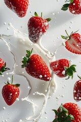 Photo of strawberries falling with splashes of cream milk against a white background, creating
